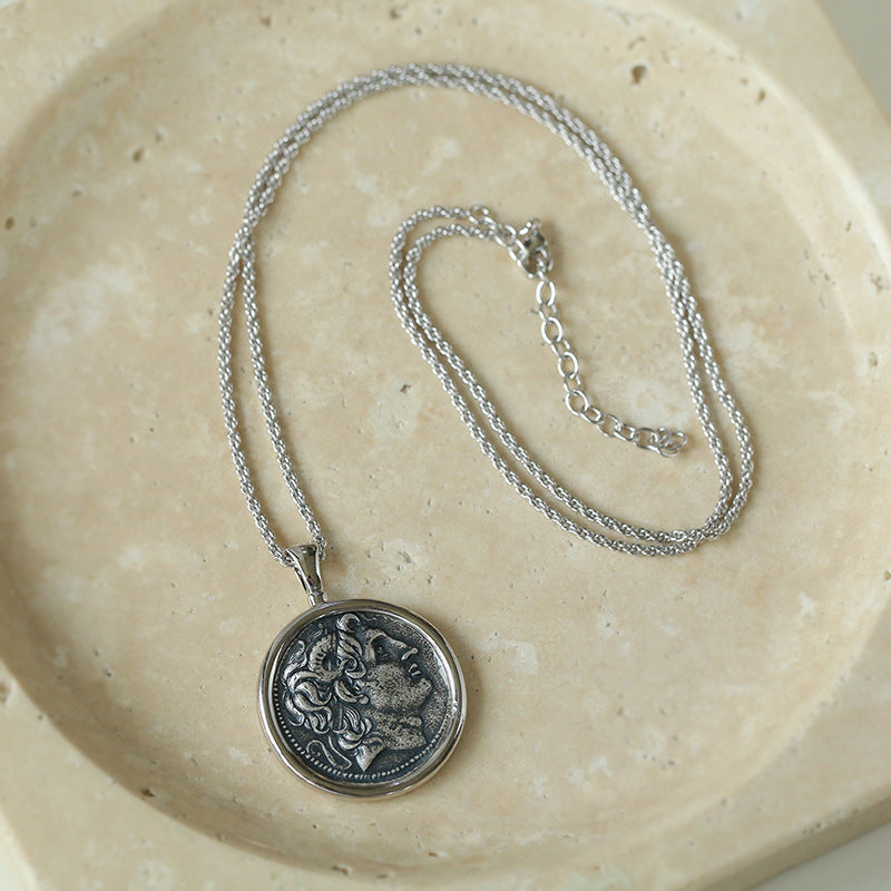 Collier long en argent avec pièce de monnaie pour femme, chaîne simple et rétro