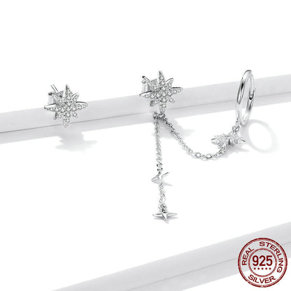 925 Silver Crystal Earrings New Shining Star Asymmetric Ear Line