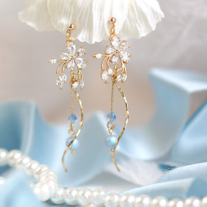 Snow Ice Tassel Design Long Flower Fairy Air Earrings,