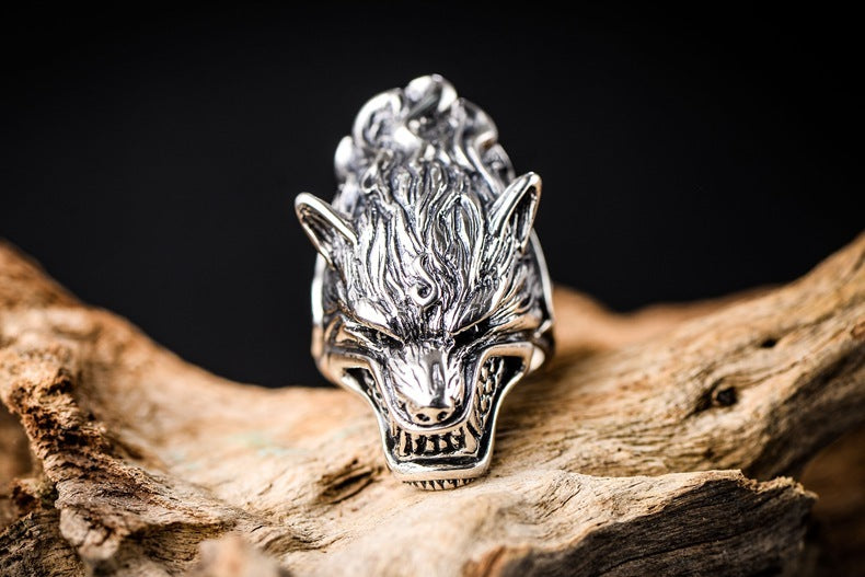 925 Sterling Silver Jewelry Rough Wolf Head Male Ring