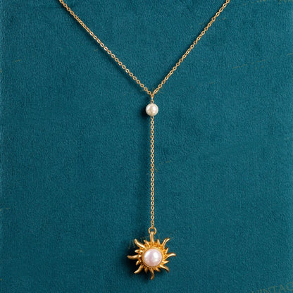 SUNFLOWER Pearl Brass Plated With Real Gold Ear Stud Necklace