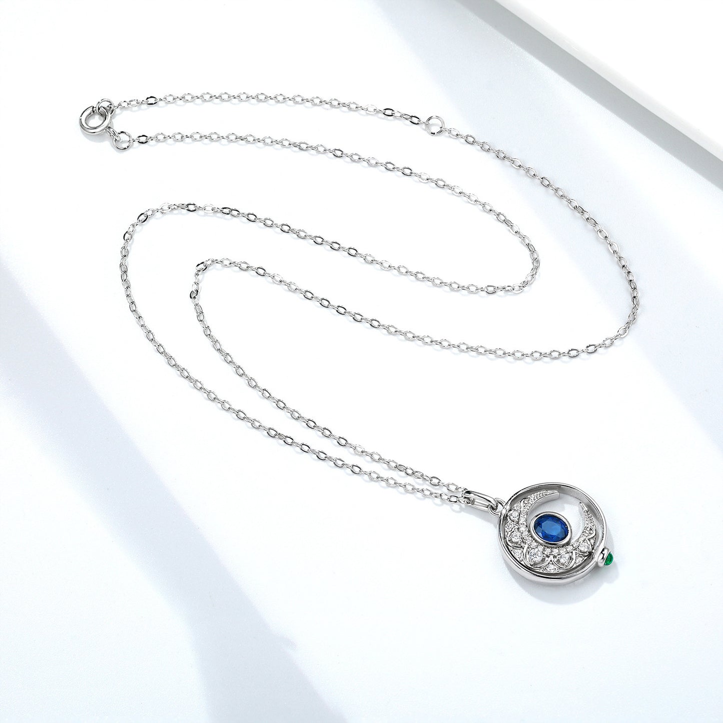 S925 Silver Inlaid Natural Sapphire Necklace Women's Original Design Can Rotate The Moon