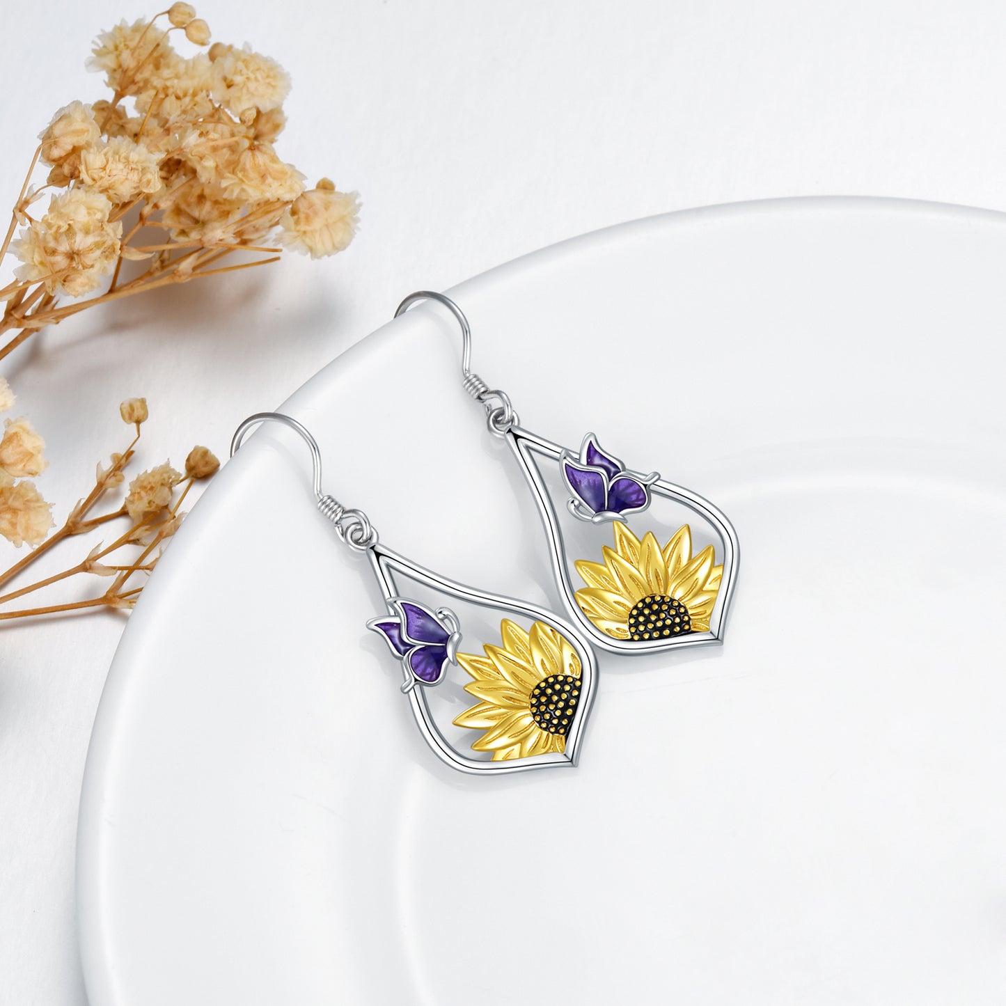 Boucles d'oreilles pendantes en argent sterling avec tournesol et papillon violet, cadeau pour femme