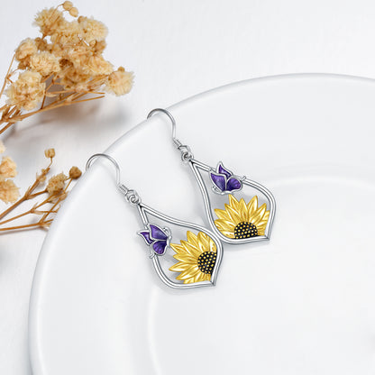 Pendientes colgantes de plata de ley con forma de girasol y mariposa morada, regalo para mujer