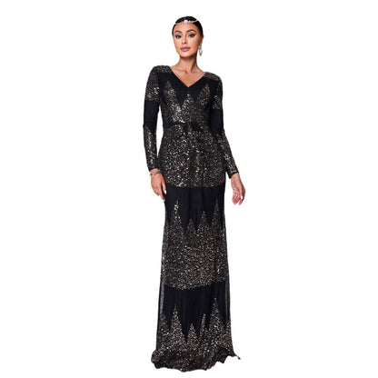 Robe de soirée longue sexy à manches longues et col en V avec paillettes