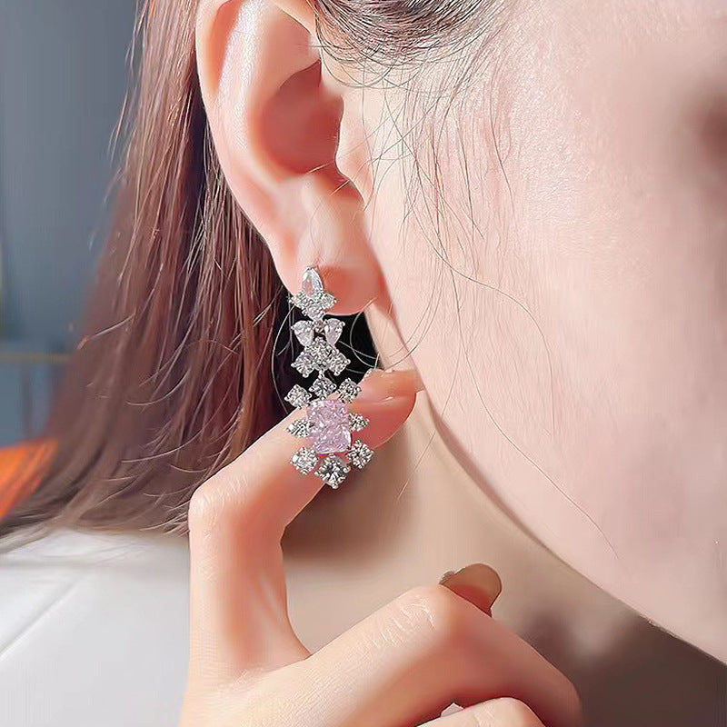 Silver Rectangular Diamond Ice Flower Cut Ear Studs