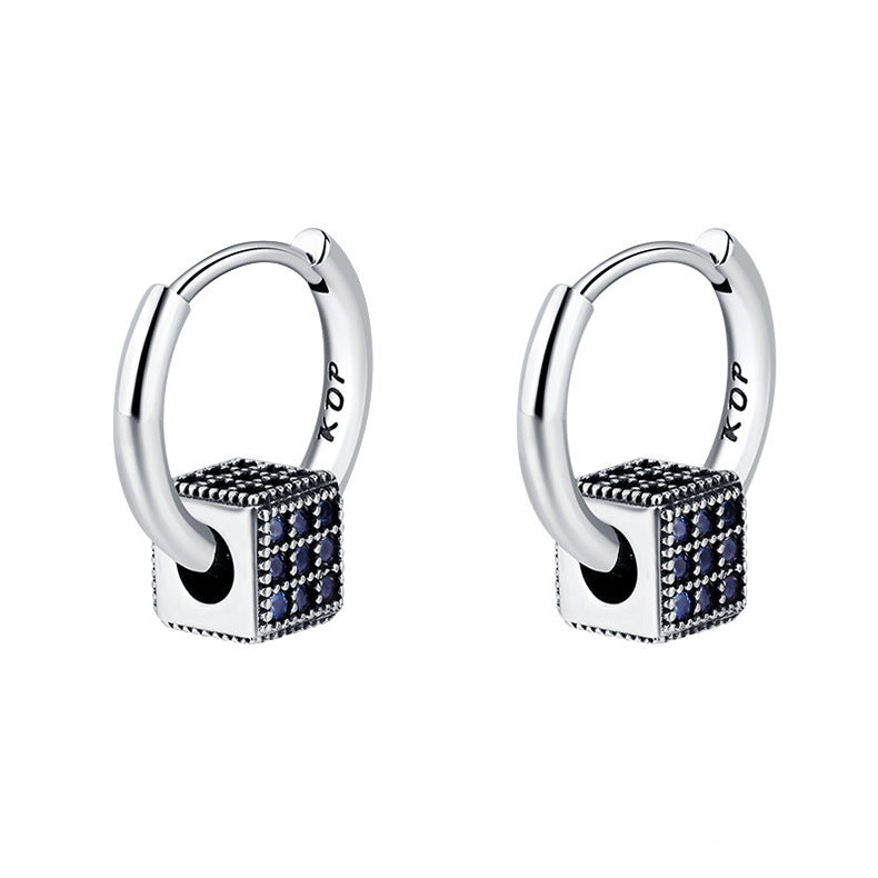 Heavy Industrial S925 Sterling Silver Spinel Blue Full Zirconium Stereo Square Round Ear Clasp Female Earrings