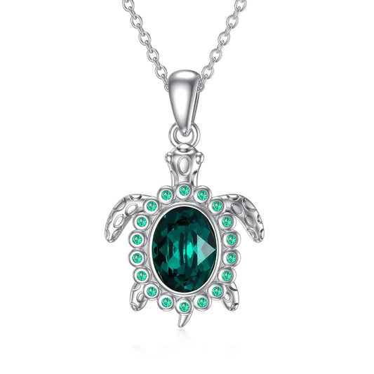 Collier tortue en argent sterling 925 et cristal vert pour femme