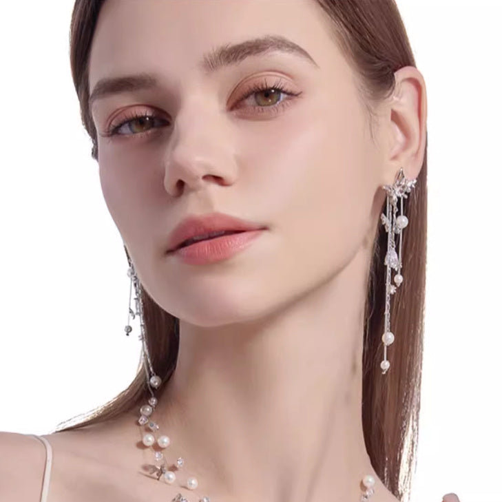 Super Fairy Asterism Pearl Tassel Earrings Long Light Luxury