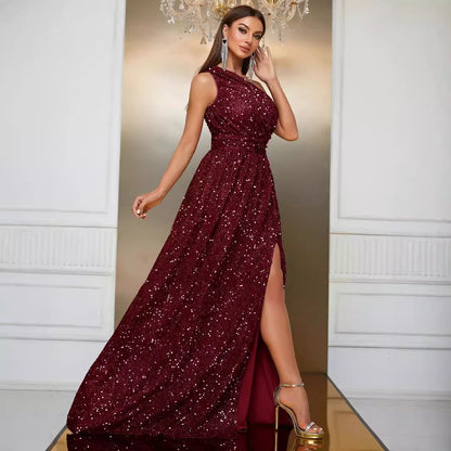 Sequined Slant Shoulder Party Dress High-end Slit