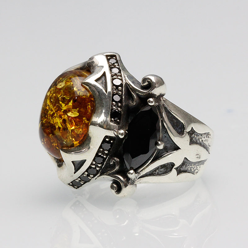 925 Thai Silver Ring Retro Gem Black Stone Amber