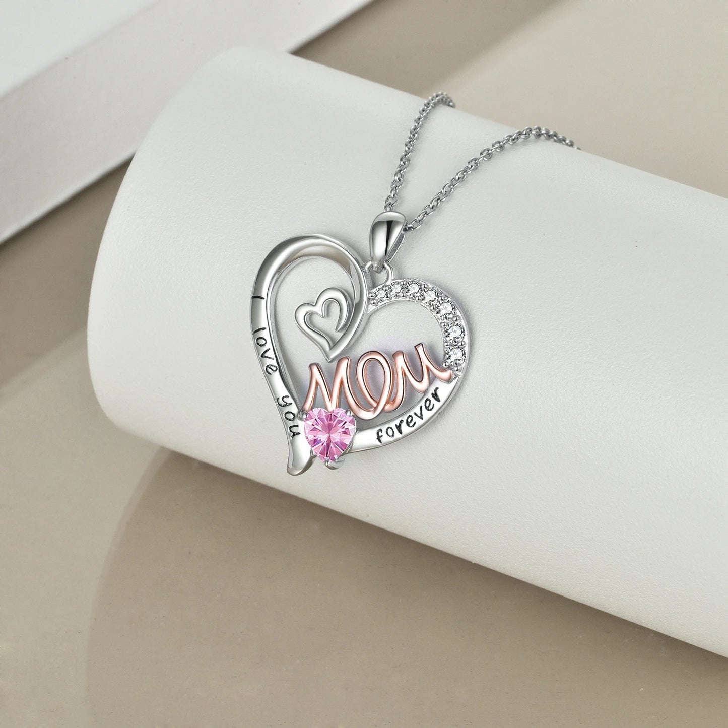 Collar para mamá de plata de ley S925 con forma de corazón y circonita cúbica rosa, colgante con piedra de nacimiento para mamá, joyería para mujer, regalos para madre