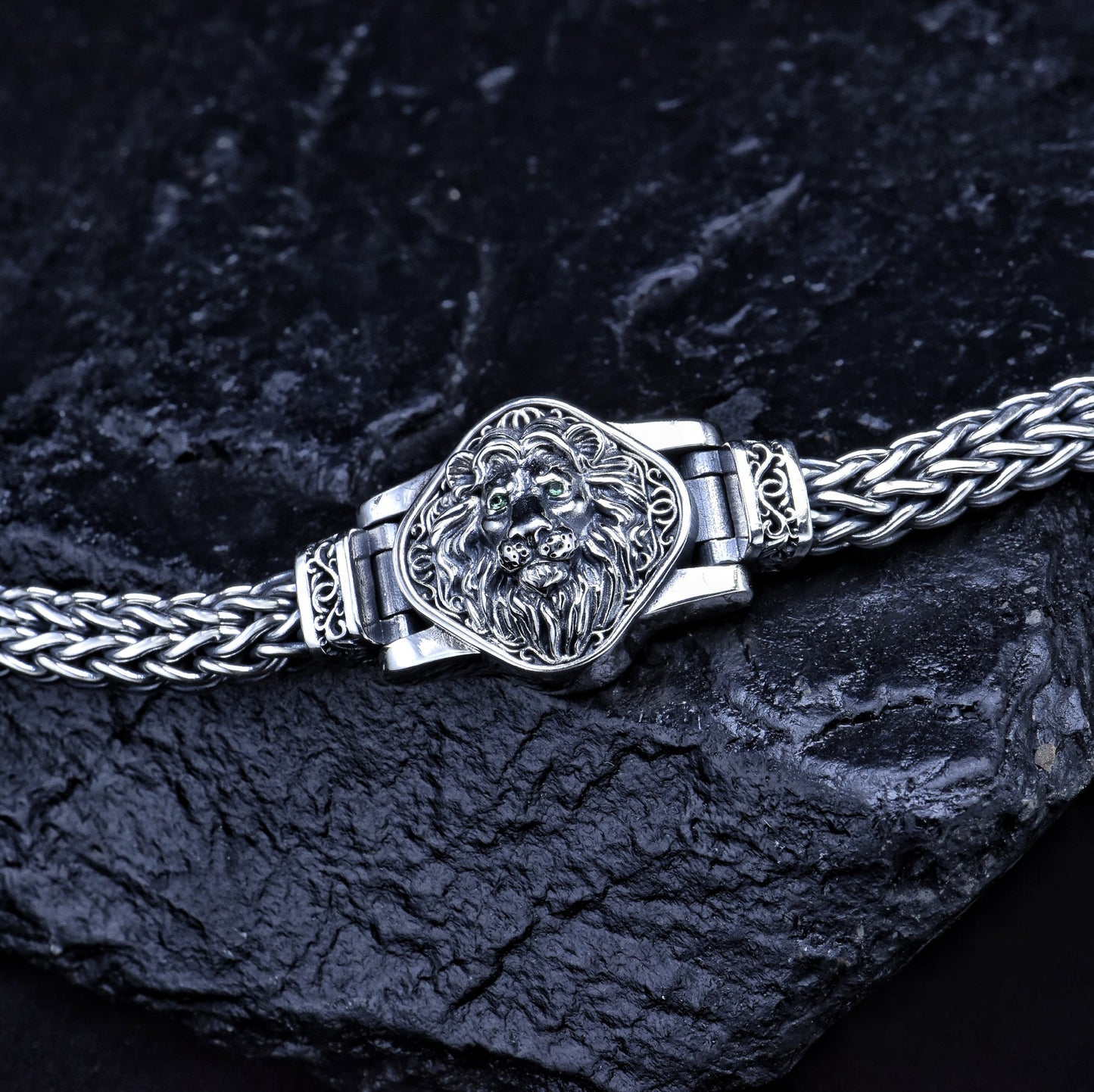 Pulsera de león dominante tejida a mano vintage de plata esterlina S925 estilo étnico