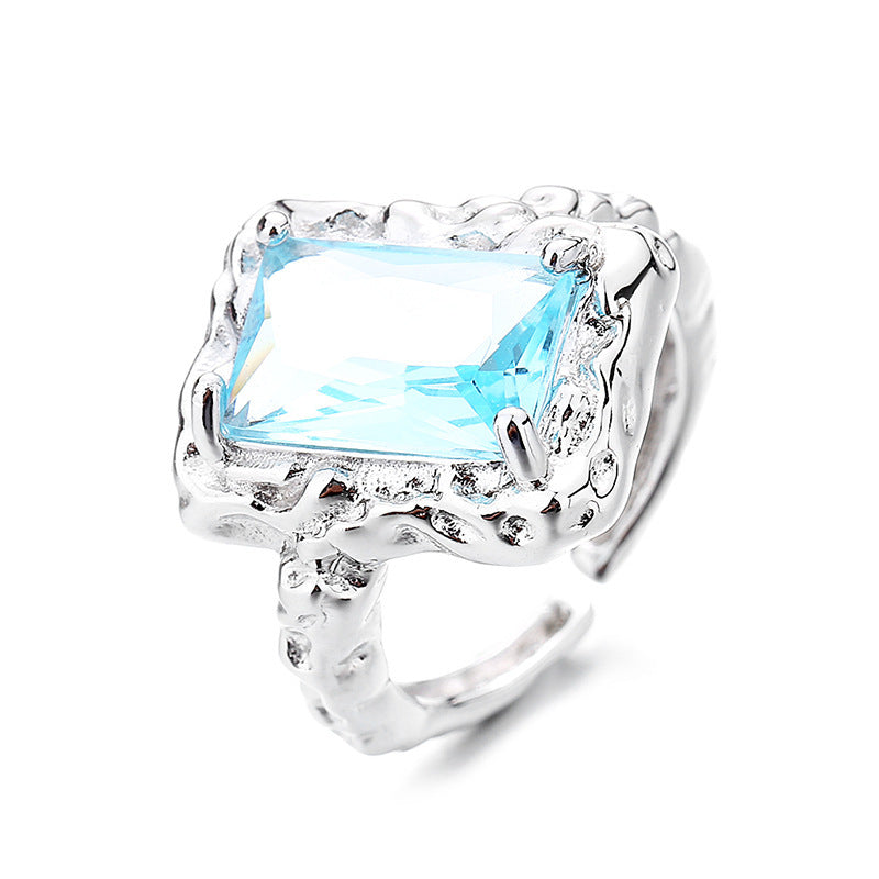 S925 Sterling Silver Tinfoil Texture Ice Blue Open Ring