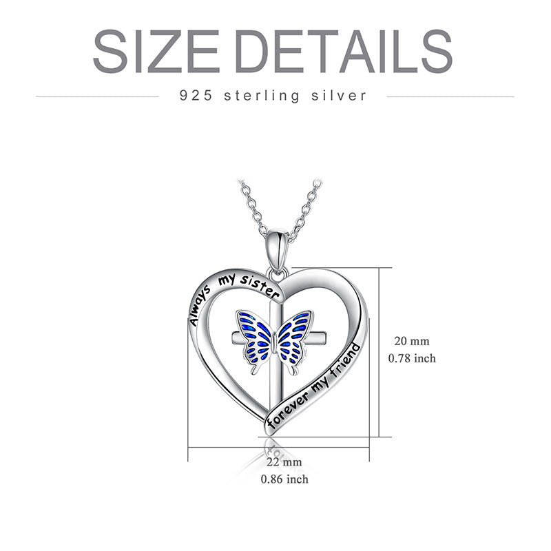 Collier avec pendentif en forme de cœur et papillon en argent sterling plaqué or blanc