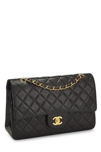 Chanel, Solapa doble clásica de piel de cordero acolchada negra Pre-Loved Mediana, Negro