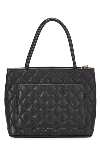 Chanel, sac fourre-tout matelassé noir à médaillon en caviar d'occasion, noir