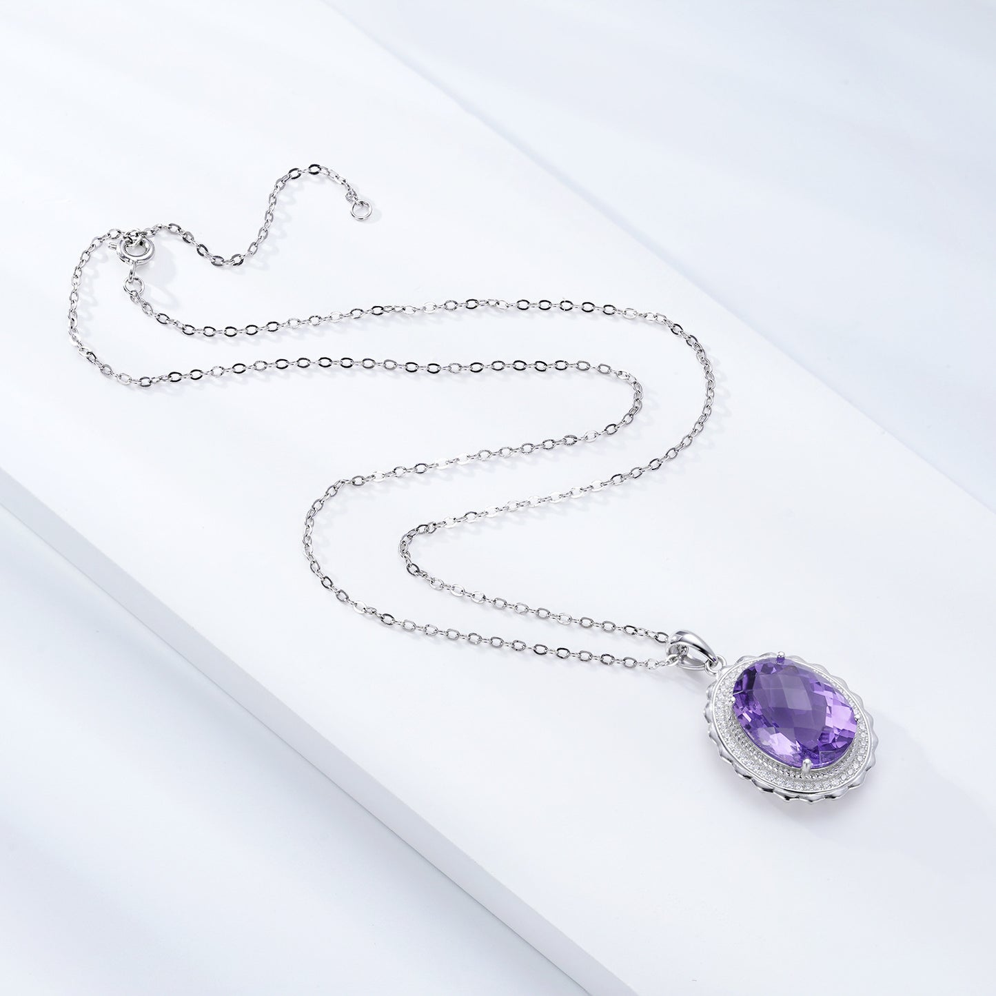 Luxury Style Necklace S925 Silver Set Oval Natural Amethyst Pendant