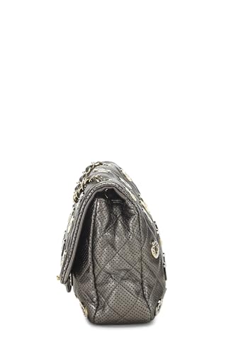 Chanel, Pre-Loved Paris-Dubai Silver Perforated Leather Medals Flap Bag Small, Silver