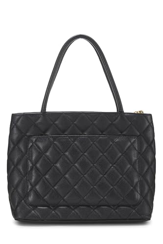 Chanel, sac fourre-tout matelassé noir à médaillon en caviar d'occasion, noir