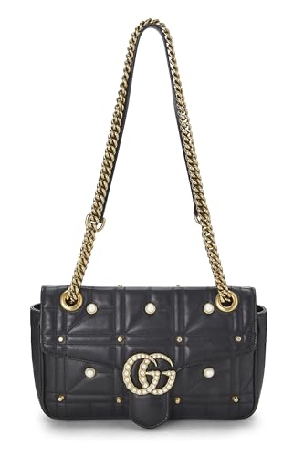 Gucci, Pre-Loved Black Leather & Faux Pearl GG Marmont Shoulder Bag Small, Black