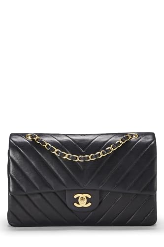 Chanel, sac à main classique à double rabat en cuir d'agneau à chevrons noir de taille moyenne, noir