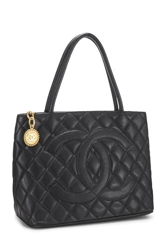 Chanel, sac fourre-tout matelassé noir à médaillon en caviar d'occasion, noir