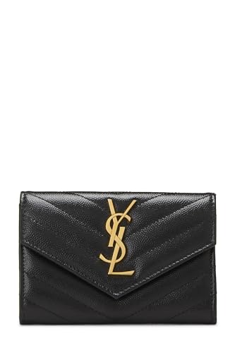 Yves Saint Laurent, Portefeuille à rabat Cassandre en cuir grainé noir, petit modèle, d'occasion