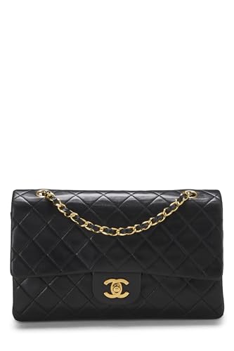 Chanel, Solapa doble clásica de piel de cordero acolchada negra Pre-Loved Mediana, Negro