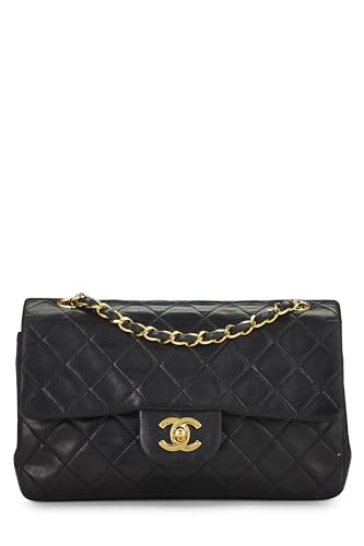 Chanel, Solapa doble clásica de piel de cordero acolchada negra Pre-Loved pequeña, Negro