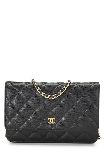 Chanel, portefeuille matelassé classique sur chaîne Black Caviar d'occasion (WOC), noir