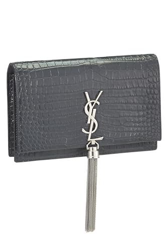 Yves Saint Laurent, portefeuille Kate gris gaufré avec pompon sur chaîne d'occasion (WOC), gris