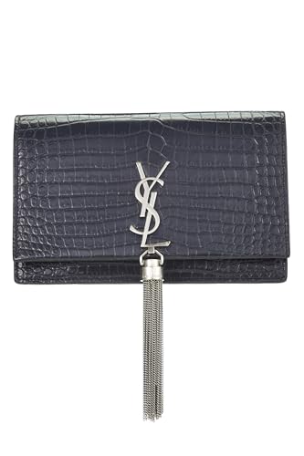 Yves Saint Laurent, portefeuille Kate bleu marine gaufré avec pompon sur chaîne (WOC), bleu marine