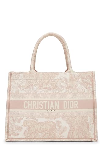 Dior, Tote tipo libro grande de lona Toile de Jouy con bordado rosa Pre-Loved, Rosa