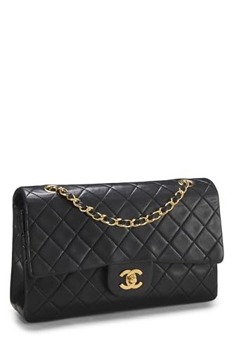 Chanel, Solapa doble clásica de piel de cordero acolchada negra Pre-Loved Mediana, Negro