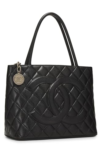 Chanel, sac fourre-tout matelassé noir à médaillon en caviar d'occasion, noir