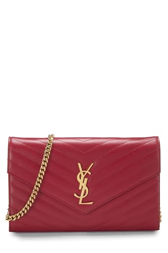 Yves Saint Laurent, Pre-Loved Red Grainy Leather Monogram Wallet On Chain (WOC), Red