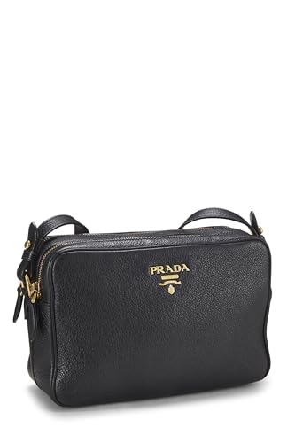 Prada, sac pour appareil photo à double fermeture éclair Vitello Daino noir d'occasion, noir