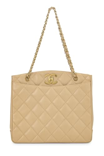 Chanel, Bolso tote grande con cierre giratorio 'CC' de caviar acolchado beige Pre-Loved, Beige