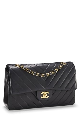 Chanel, Solapa doble clásica de piel de cordero Chevron negra Pre-Loved Mediana, Negro