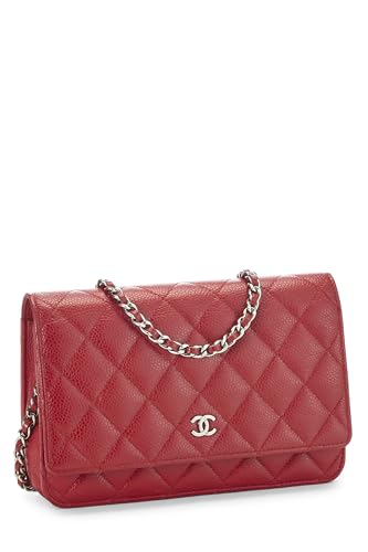 Chanel, Pre-Loved Red Caviar Classic Quilted Wallet On Chain (WOC), Red