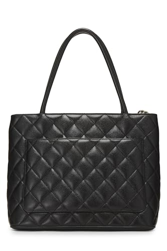 Chanel, sac fourre-tout matelassé noir à médaillon en caviar d'occasion, noir