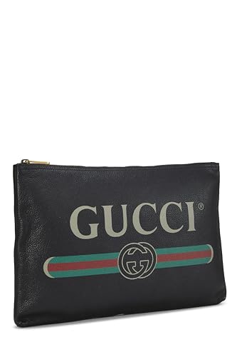 Gucci, Pre-Loved Black Leather Logo Print Pouch, Black