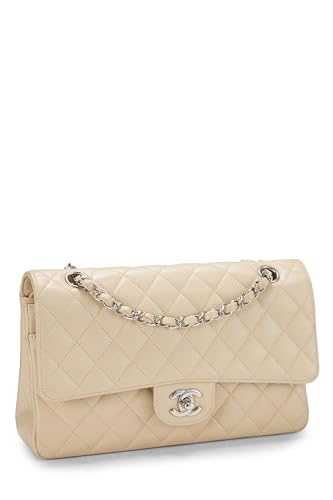 Chanel, sac à rabat double classique matelassé beige caviar d'occasion, taille M, beige