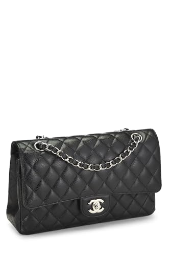 Chanel, sac à main matelassé noir à double rabat classique de taille moyenne, noir