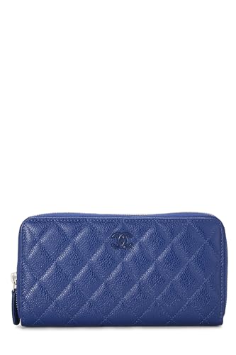 Chanel, Cartera de caviar acolchada azul con cremallera alrededor Pre-Loved, Azul