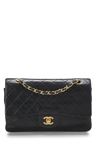 Chanel, Solapa doble clásica de piel de cordero acolchada negra Pre-Loved Mediana, Negro