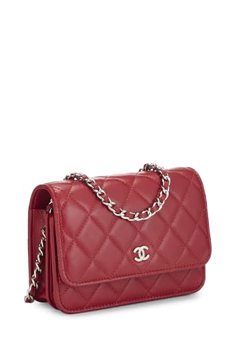 Chanel, Portefeuille classique sur chaîne (WOC) Mini en cuir d'agneau matelassé rouge d'occasion, rouge