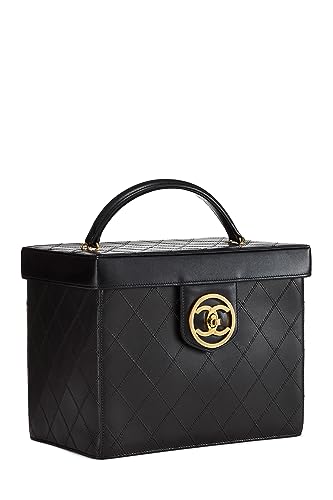 Chanel, trousse de toilette ronde « CC » en cuir d'agneau noir d'occasion, grande taille, noir