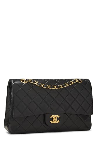 Chanel, Solapa doble clásica de piel de cordero acolchada negra Pre-Loved Mediana, Negro